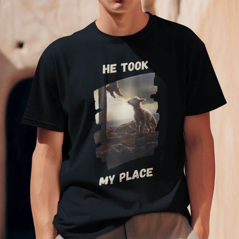 HE TOOK MY PLACE (Style A); Lamb at Cross | 100% Cotton Unisex T-Shirt