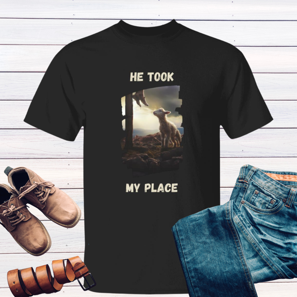 HE TOOK MY PLACE (Style A); Lamb at Cross | 100% Cotton Unisex T-Shirt